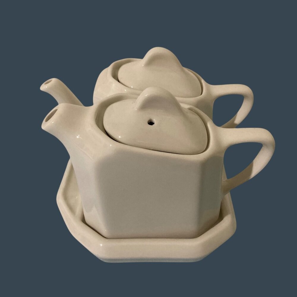 Hall Pottery Tea For Two Double Tea Pot Set With Underplate